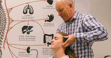 skilled auckland chiropractor simon kelly adjusting patient's neck with anatomy poster in background